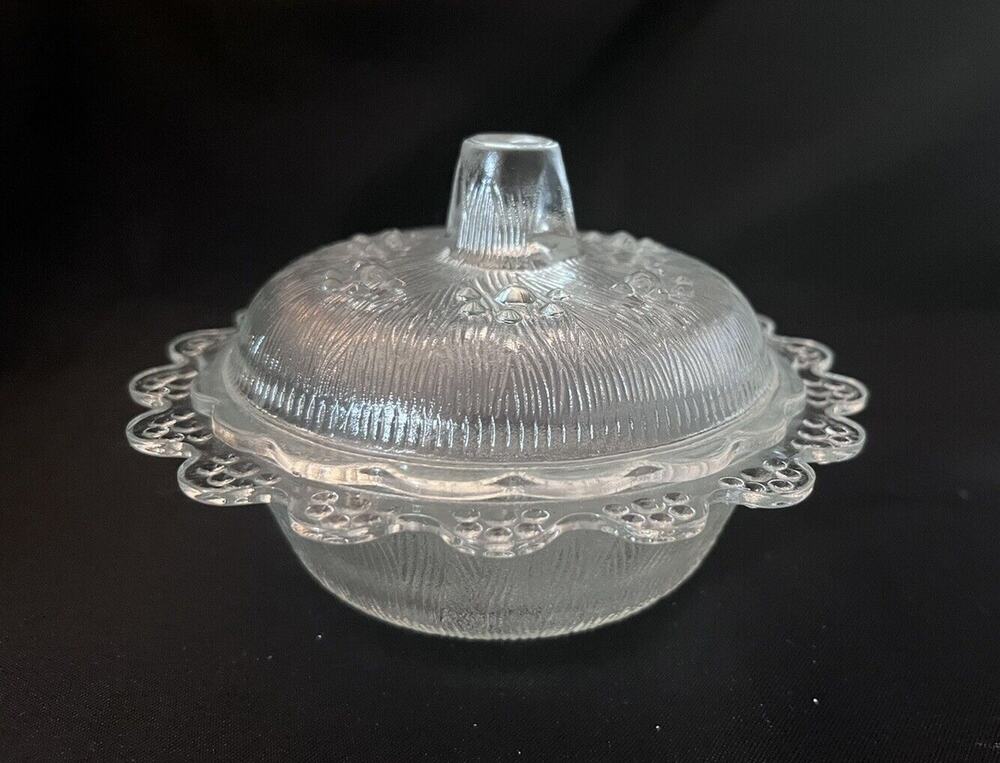 Vintage Covered Candy Dish Clear Glass Beaded Textured Finish Scalloped Rim
